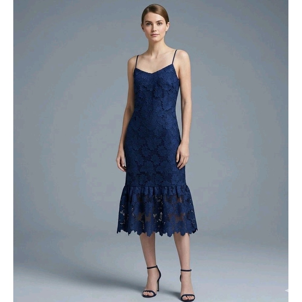 Banana Republic Lace Dress Womens Size 8 Navy Blue Flounce Hem Limited Edition